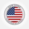 Flag of USA round icon or badge. New York city and United States circle button. American national symbol. Vector illustration Royalty Free Stock Photo